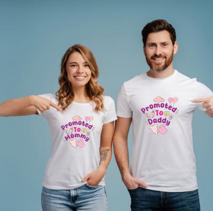 Portrait of smiling confident couple, hipsters wearing white t shirt, pointing fingers isolated on blue background. Mockup concept